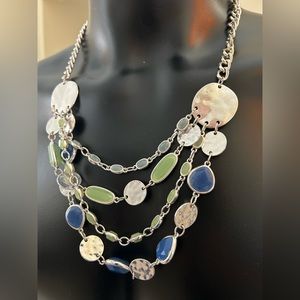 Silver rope 24” necklace adorned with multi-layer colorful blue & green stones